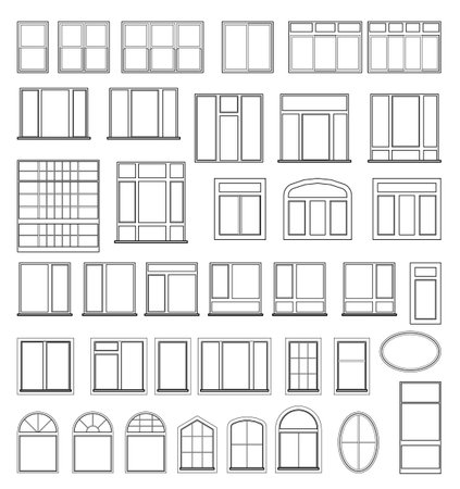 Set of window elements for the design of architectural and construction drawings. Illustration in black color isolated on white background.のイラスト素材