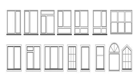 Windows set isolated on white background. Closed vector window element of architecture and interior design. Illustration in black color isolated on white background.のイラスト素材