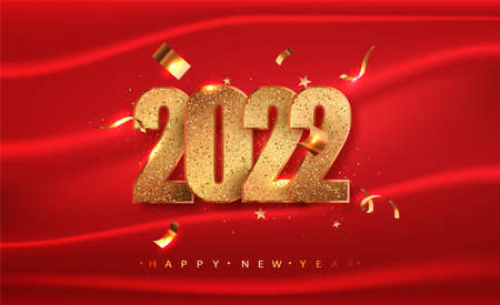 2022 Happy new year with gold numbers and glitter on red cloth background