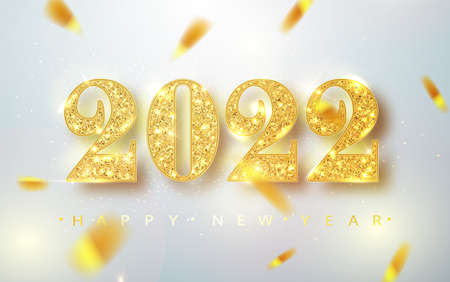 2022 Happy new year. Gold Numbers Design of greeting card of Falling Shiny Confetti. Gold Shining...