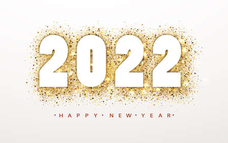 2022 Happy New Year background with golden glitter number. Christmas winter holidays design. Golden...