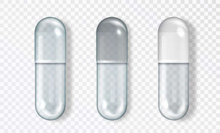 Empty glass capsule set, isolated. Vector medical pill icon set realistic 3d. Capsules for graphics mockup. Medical and Healthcare Conceptのイラスト素材