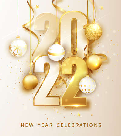 Happy new year 2022. Holiday vector illustration of numbers 2022. Gold Numbers Design of greeting card.のイラスト素材