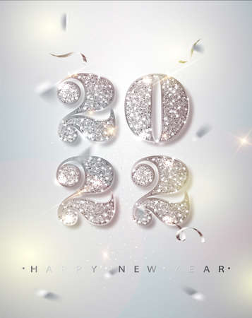 Happy New Year Banner with Silver 2022 Numbers on Bright Background with Flying Confettiのイラスト素材