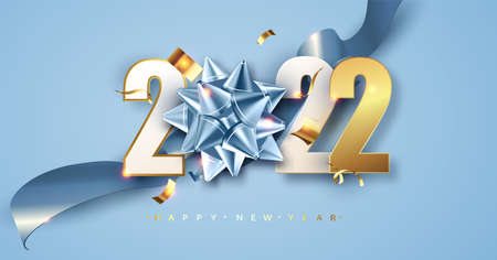 2022 Happy new year. Blue festive background with gift bow and glitter. Happy New Year Banner for greeting card, calendar.のイラスト素材