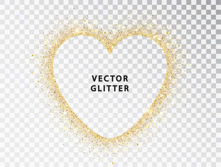 Gold dust with sparkles in the shape of a heart with a place for an inscription on transparent background. Happy Valentines Day card template. Vector illustration. Glossy template for holidayのイラスト素材