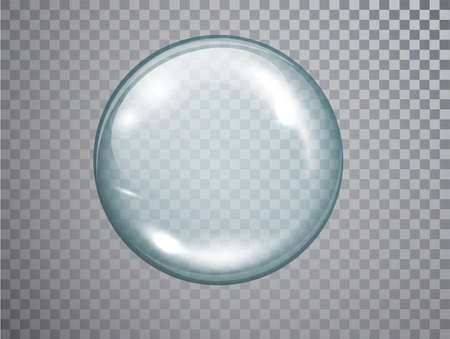 Transparent glass sphere with glares and shadow. Realistic 3d glass spherical ball isolated.のイラスト素材