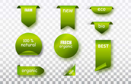 Green label tags vector collection. Organic food labels isolated . Fresh eco vegetarian products, vegan label and healthy foods badges.のイラスト素材