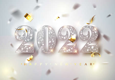 Happy New Year 2022 Greeting Card with Silver Numbers and Confetti Frame on White Background. Vector Illustration. Merry Christmas Flyer or Poster Designのイラスト素材