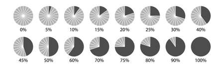 Circle percent diagram collections for infographics, 0, 5, 10, 15, 20, 25, 30, 35, 40, 45, 50, 55, 60, 65, 70, 75, 80, 85, 90, 95, 100. Vector illustrationのイラスト素材