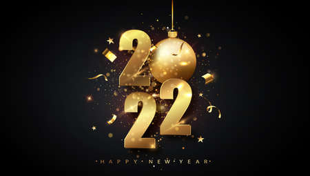 Happy New 2022 Year. Holiday vector illustration of golden metallic numbers 2022. Gold Numbers...