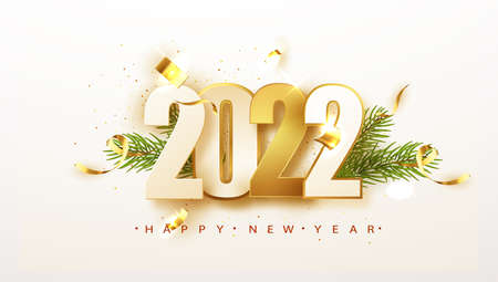 2022 golden decoration holiday on beige background. 2022 Happy New Year background. Vector...