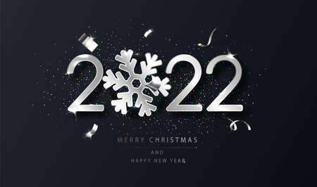 Silver 2022 Happy New Year background with snowflake. Black New Year background with wishes....