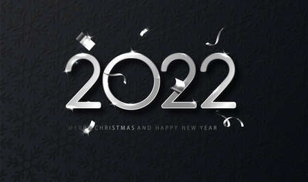 Silver 2022 Happy New Year with falling confetti on dark background. Holyday template for design card, bannerのイラスト素材