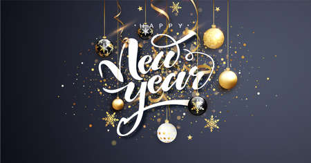 Happy new year. Christmas illustration with fancy decorations, balls and confetti. Holyday decorative elements on dark background.のイラスト素材