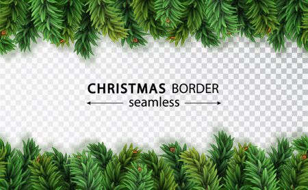 Christmas tree seamless border isolated on transparent background. Vector Christmas tree garland decoration or holiday designsのイラスト素材