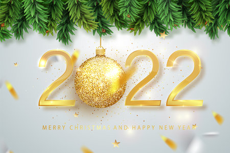 2022 Happy new year. Gold Numbers Design of greeting card of Falling Shiny Confetti. Gold Shining...