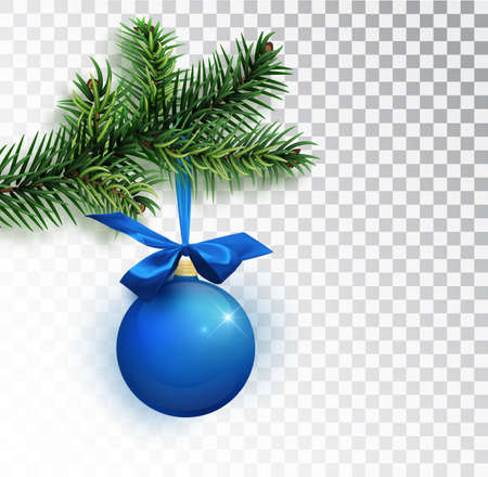 Christmas blue ball hanging on fir branches. Isolated on transparent backdropのイラスト素材
