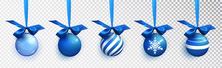 Blue Christmas balls with different patterns hanging on a ribbon with a lush bow. Christmas baubles set isolated on transparent backgroundのイラスト素材