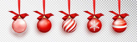 Red Christmas balls with different patterns hanging on a ribbon with a lush bow. Christmas baubles set isolated on transparent backgroundのイラスト素材