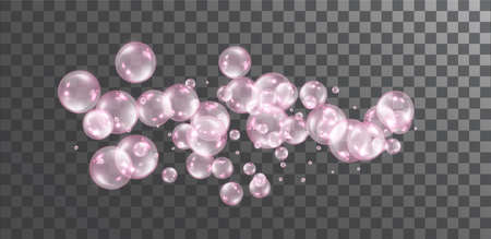 Pink transparent flying soap bubbles on dark transparent background.のイラスト素材