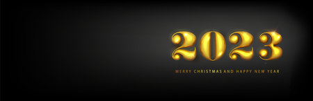 Happy new year 2023 banner. Golden Vector luxury text 2023 Happy new year. Gold Festive Numbers Design. Happy New Year Banner with 2023 Numbers.のイラスト素材