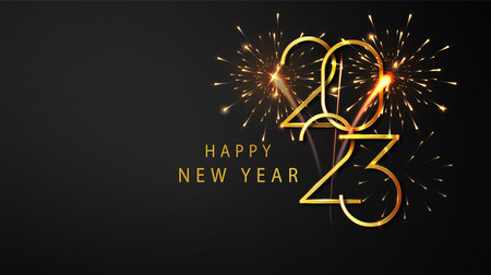 2023 Happy new year. Happy New Year Banner with Golden metallic numbers date 2022 and flickering...