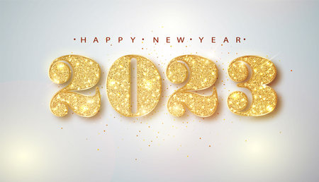 2023 Happy new year. Gold Numbers Design of greeting card of Falling Shiny Confetti. Gold Shining...