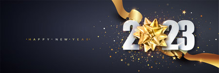 2023 Happy new year vector background. Holiday greeting card design with big golden gift bow....