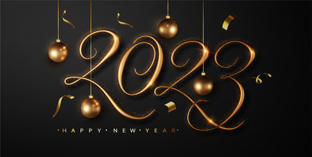 Happy new year 2023. Festive design with Christmas decorations, balls