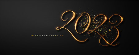 New year banner with realistic golden numbers 2023 on dark background with golden dust.のイラスト素材