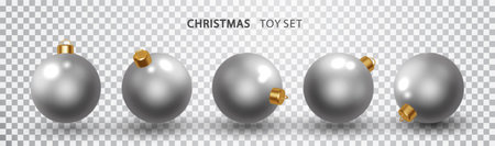 Silver Christmas ball realistic Isolated in different projections. Holiday toy decoration 3d element. Rendering vector illustration.のイラスト素材