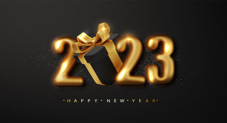 2023 Happy New Year. Realistic Gold metal number with black gift box. Merry Christmas Greeting card. Vector 3d renderingのイラスト素材