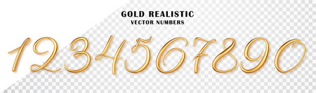 Gold 3d realistic numbers aisolated. Metallic gold number from zero to nine. Design element for festive party decoration.のイラスト素材