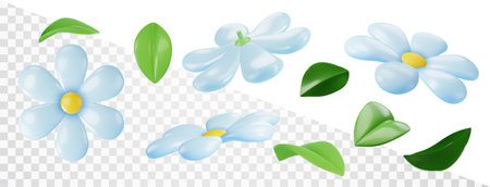 Realistic blue flower set in different projections. 3d Blue lacquered chamomile. Design elements, spring, summer.のイラスト素材