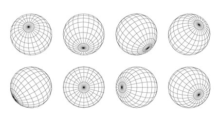 Wireframe sphere with connected lines isolated. Abstract grid globes in different positions. 3d design technology styleのイラスト素材