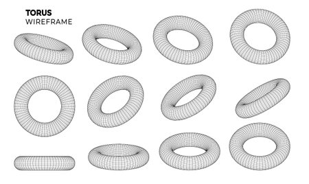 Wireframe torus grid set. Abstract geometric shape with torus. 3D polygonal wireframe of circular objectのイラスト素材