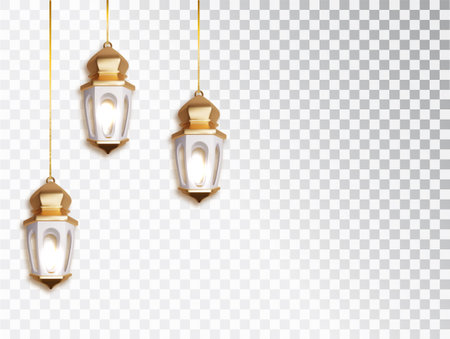 Ramadan kareem lantern hanging lamp realistic 3d object isolated . Realistic Islamic object collection isolated. Traditional Arabic shining hanging lamp.のイラスト素材