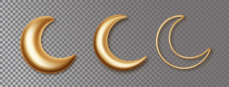 Crescent moons 3d golden decorative vector elements isolated on transparent background. Islamic symbol crescent moon set.のイラスト素材