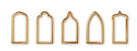 Arabic golden arch isolated. 3D realistic islam architecture shape for muslim holidays. Ramadan kareem design elements door, frame, windowのイラスト素材