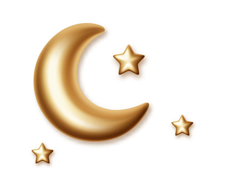 3d crescent moon and star for Ramadan Kareem decorations design element isolated. Realistic half moon gold metal icon.のイラスト素材