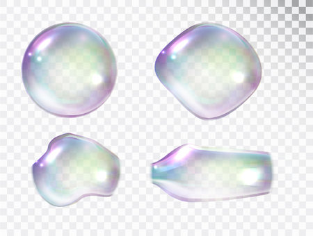 Transparent realistic colorful soap bubbles shapes set isolated on a light background. Water spheres with air, soapy balloons, lather, suds, soapsudsのイラスト素材