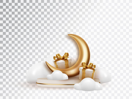 Composition with a crescent moon and gift boxes for the decoration of the Islamic holy month on a podium in the clouds. Decorative 3d elements for Muslim holidaysのイラスト素材
