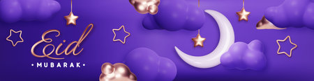 Eid Mubarak with hanging white glossy crescent, flashlight, cloud and stars. Vector illustration. Horizontal islamic holidays design concept with place for text.のイラスト素材