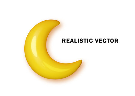 Crescent moon glossy pastel yellow 3d style isolated. Half yellow moon Realistic elements for holiday, celebration banner and posterのイラスト素材