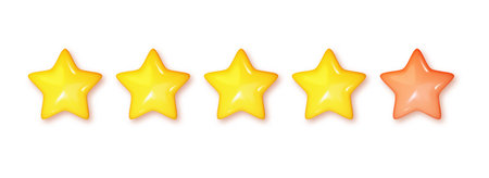 Five stars glossy. Realistic stars rating review yellow and pink colors. Customer feedback or customer review concept. 3D vector illustration.のイラスト素材