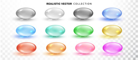 Colored transparent capsule set isolated. Realistic medical pill or drop. Collagen dropletsのイラスト素材