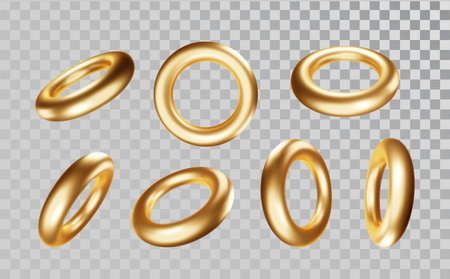 Torus in various projections on transparent background. Gold realictick 3d torus model iconsのイラスト素材