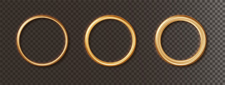 Golden luxury realistic framework. Set of expensive realistic round frames in gold color of different thicknesses isolated on dark background.のイラスト素材