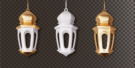 Arabic lanterns realistic set of hanging. Islamic Realistic traditional Muslim symbols of Ramadan Mubarak fanout isolated on transparent background.のイラスト素材